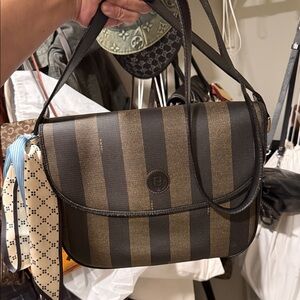 Fendi Pequine Black and Gold Striped Shoulder Bag